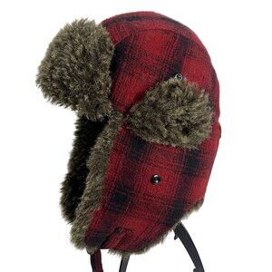 Red Plaid Yukon Charlies Trapper Hunting Hat Faux Fur, Ear + Chin Straps SZ L/XL
